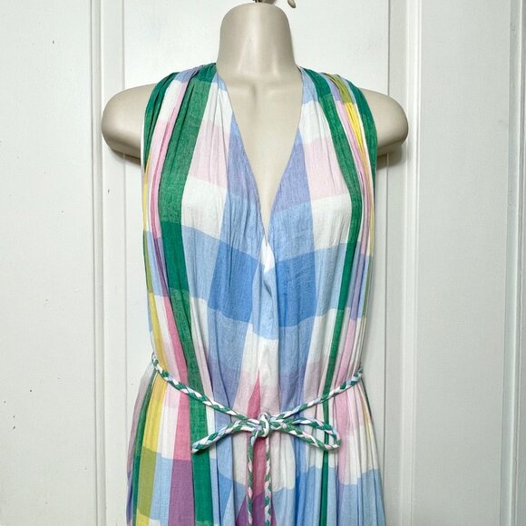 New Mille Marilyn Belted Sleeveless Cotton Midi Dress in Pastel Colors Plaid L - Picture 10 of 14